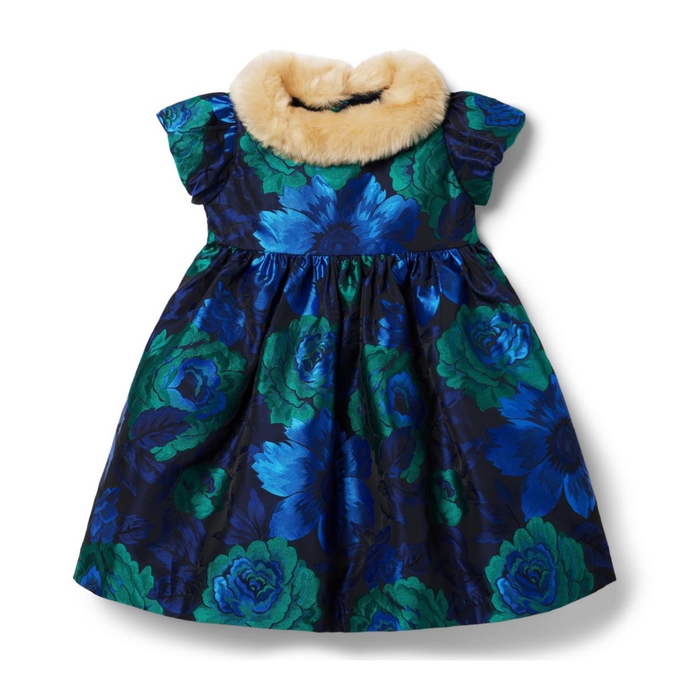 Janie and Jack Blue Floral Dress with Faux Fur Collar